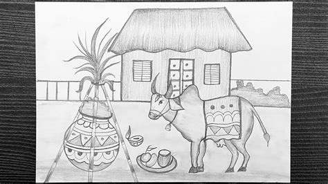 Pongal Scene Drawing With Pencil How To Draw Pongal Drawing Easy