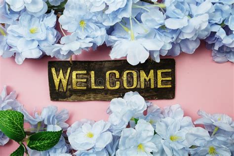 Welcome Sign And Flower Blooming Decoration On Pink Background Stock