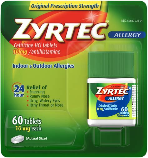 Zyrtec 24 Hour Allergy Relief Tablets 10 Mg Cetirizine Hcl Antihistamine Allergy Medicine 60 Ct