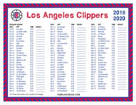 printable   los angeles clippers schedule