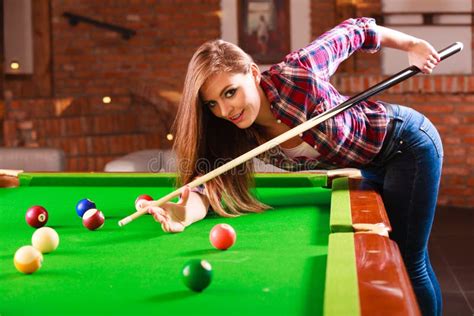 Young Woman Playing Billiard Stock Image Image Of Woman Stick 123992343