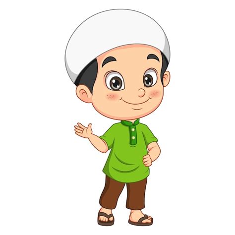 Dibujos Animados De Niño Musulmán Feliz Agitando La Mano Vector Premium