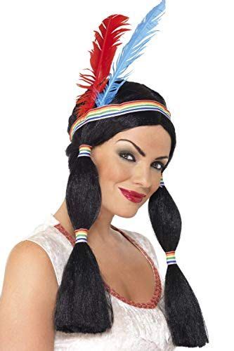 Smiffys Womens Indian Princess Wig Long With Bunches With Headband And Feathers Black One Siz