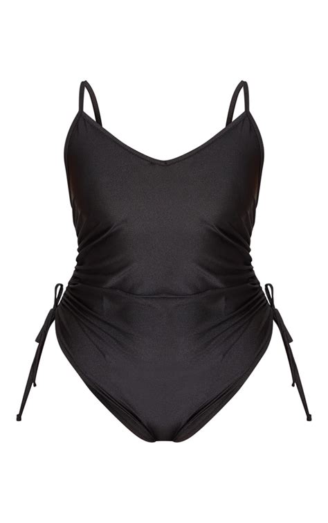 Plus Black Ruched Adjustable Side Swimsuit Prettylittlething Aus