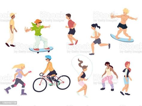 set of people doing outdoor activities stock illustration download image now active