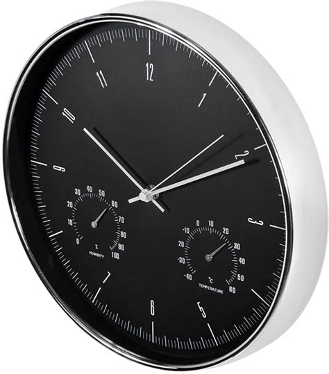 Silent Wall Clock 12 30cm Silver Black With Thermometer And