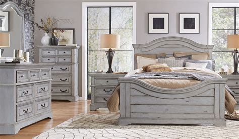 The spacious master bedroom found in this texas ranch features this pretty beige grey hue, which works in combination with the natural light to make the room feel open and relaxing. Stonebrook Antique Gray Panel Bedroom Set from American ...