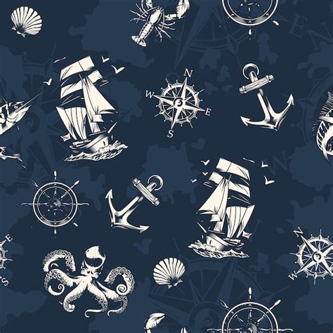 Vintage Sea And Nautical Seamless Pattern Free Vector