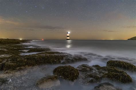 Point Lighthouse Beach Landscape Night Night Time Starlight