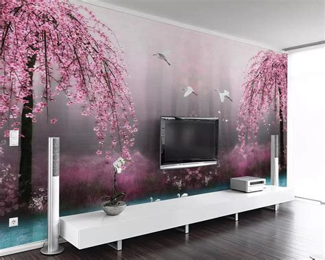 Beibehang Mural Wallpaper Beautiful Dreamy Pink Cherry Swan Lake