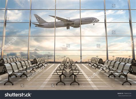 Empty Airport Terminal Lounge With Airplane On Background 3d