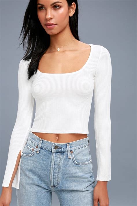 Chic White Crop Top Long Sleeve Top Ribbed Top