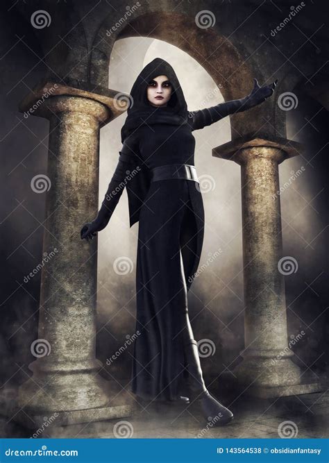 Hooded Priestess In An Old Temple Stock Photo