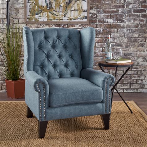 Laredo Traditional Winged Fabric Accent Chair Blue