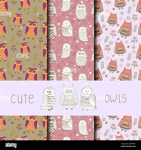 Cute Owls Seamless Pattern Set Of Vector Backgrounds With Doodle Owls