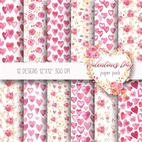 Valentines Day Digital Paper Love And Romantic Watercolor Etsy Digital Scrapbook Paper