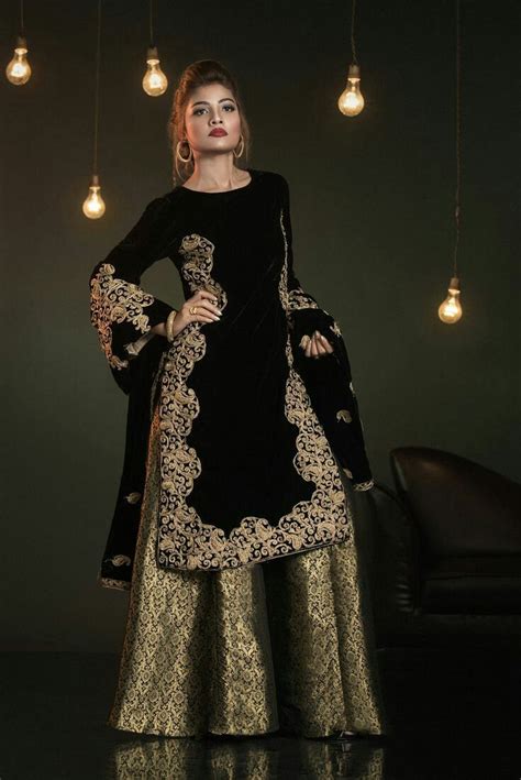 Black Gold Combination Deess Top Four Side Work Velvet Dress Designs