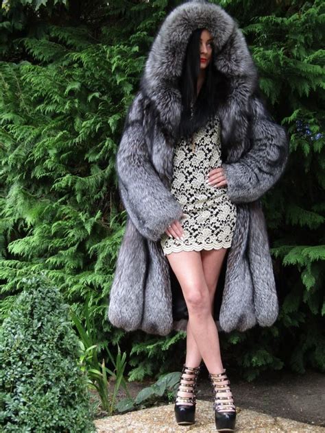 ⭐new Luxury Saga Silver Fox Fur Swing Coat Parka Stile Hood Silberfuchs