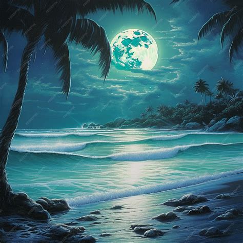 Premium Ai Image Painting Of A Full Moon Over A Beach With Palm Trees