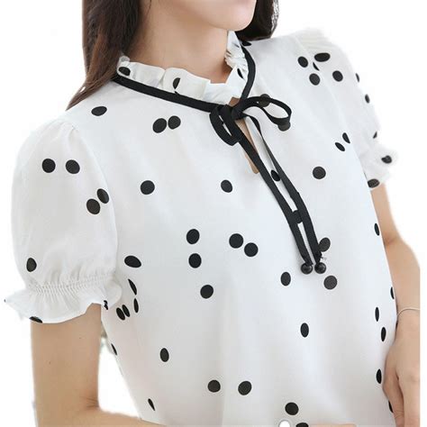 Black White Polka Dot Summer Women Tops Ruffle Bow Collar Chiffon