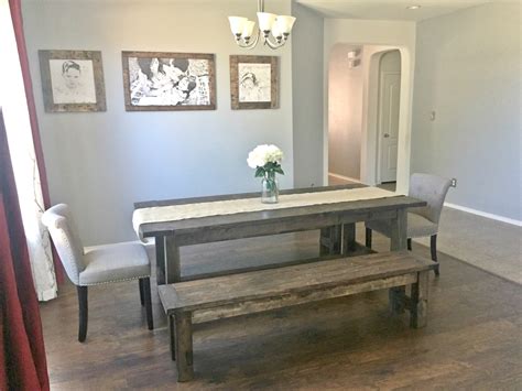 Beautiful long narrow dining table with drawers in it for extra storage ideally fits this idyll. Farmhouse Dining Room Table with Benches! | Ana White