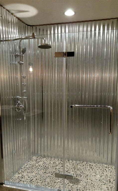 I installed galvanized corrugated metal vertically in my master bathroom shower. Rustic Corrugated Metal Spa Shower | Metal shower, Metal ...