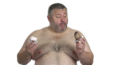Obese Man Enjoying Cakes On White Background Stock Footage SBV