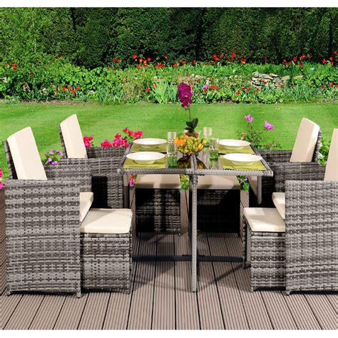 9 Piece Cube Rattan Garden Furniture Set With Cover