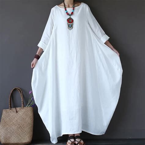 4xl 5xl Cotton Linen Summer Dress Plus Size Boho Loose White Long Maxi Dresses Women Female 34