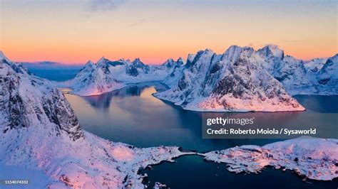 Aerial View Of Snowy Reine At Sunrise Norway High Res Stock Photo