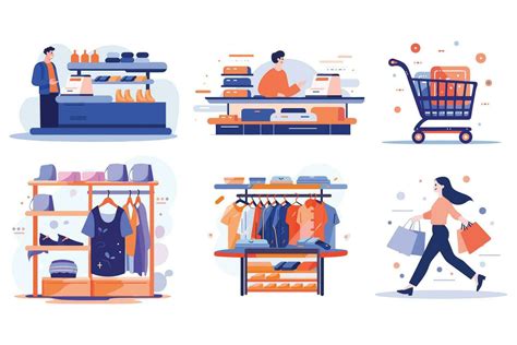 Hand Drawn Clothing Stores And Shops In Shopping Malls In Flat Style