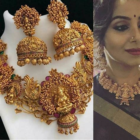 gold plated south indian lakshmi temple jewelry necklace set etsy temple jewelry necklace