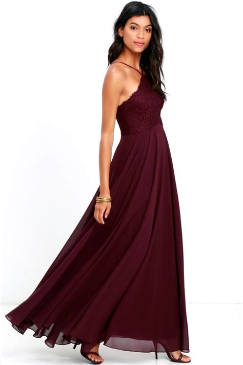 Stunning Burgundy Dress Maxi Dress Halter Dress Lace Dress 8400