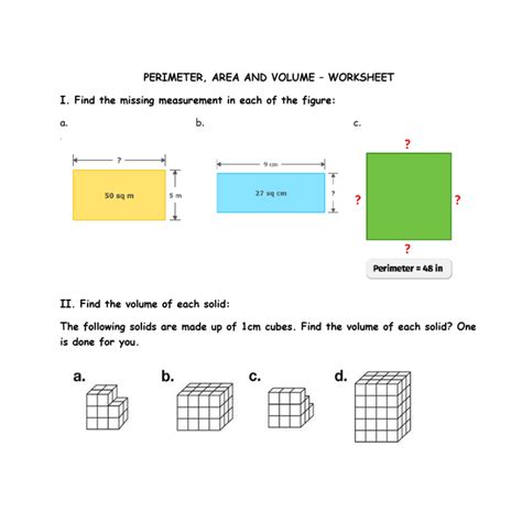 Perimeter Area And Volume 2 And 3 Dimensional Shapes Worksheet