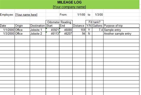 Irs Mileage Log Template Excel Excel Templates