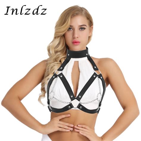 leather harness womens cage bralette strap buckles o rings metal chain bra tassel chest belt