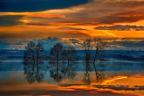 Landscape Sunset Sky Clouds Lake Trees Reflection Greece Wallpaper