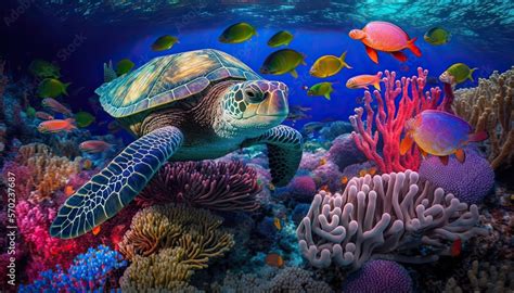 A Vibrant Coral Reef With Schools Of Rainbow Colored Fish And A