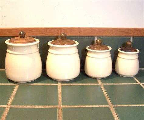 Vintage Ceramic Canister Set With Wooden Lids Creamy Beige