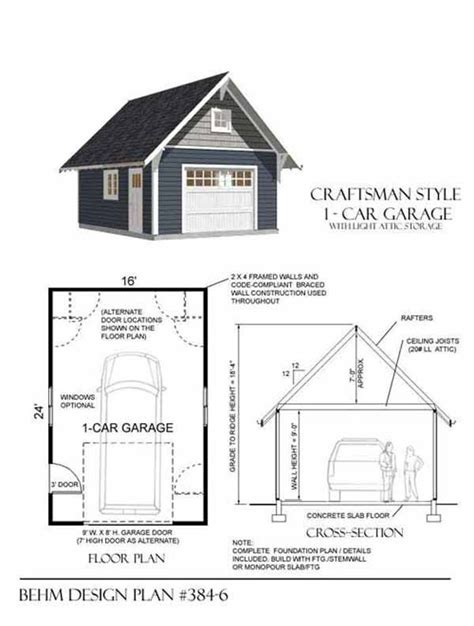 1 Car Craftsman Style Garage Plan With Attic 384 6 16 X 24 By Behm