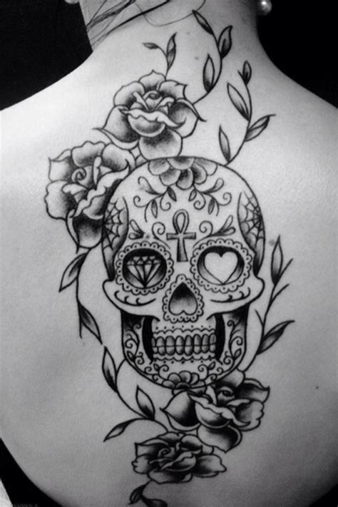 Black Sugar Skull With Roses Tattoo On Back Tattooimagesbiz