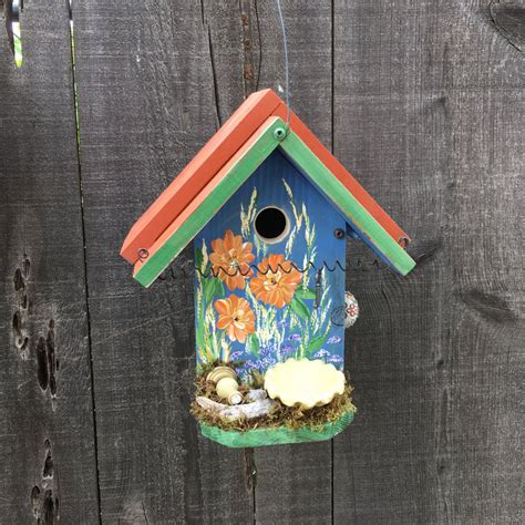 Birdhouse Hand Painted With Flowers Functional Bird House Etsy