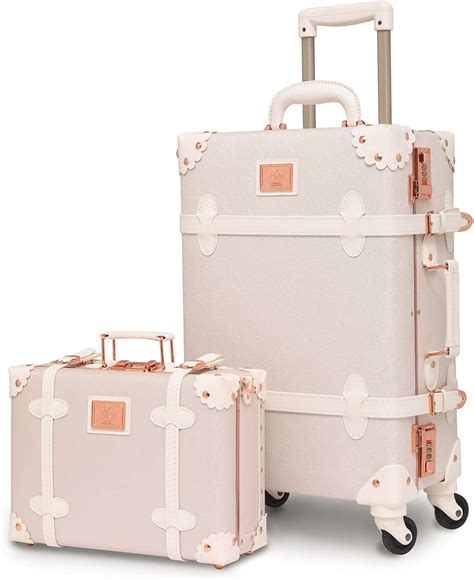 Urecity Womens Luxury Vintage Trunk Luggage Set 2 Piece Cute Retro Pink Hardside