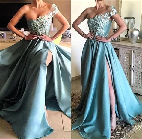2019 Sky Blue Prom Dresses Sexy Side Split One Shoulder Vestidos De