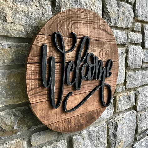 Rustic Welcome Round Reclaimed Wood Sign Welcome Decor Etsy Carved