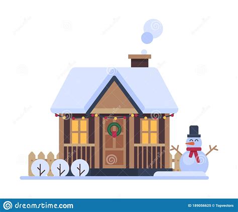 Snowy Suburban House Rural Winter Cottage Timbered Cabin With Smoking