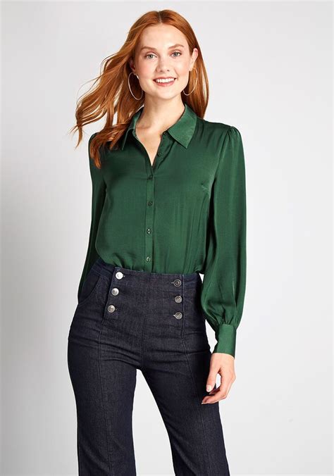 Undeniably Inspired Collared Blouse Form Fitting Clothes Dark Green