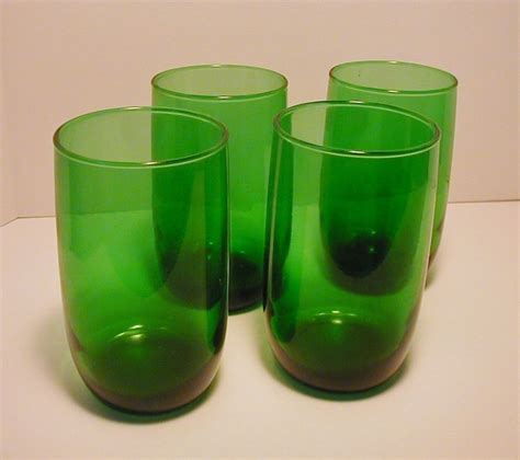 Anchor Hocking Forest Green 4 Flat Tumblers 8 Oz Roly Poly Juice Tea Glasses Green Glassware