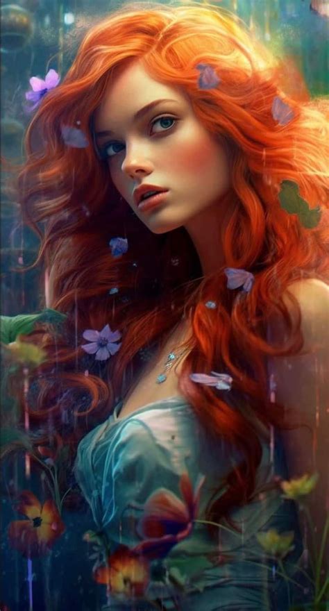 a woman with long red hair and butterflies around her