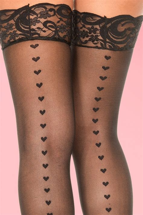 50s heart back seam stockings in black